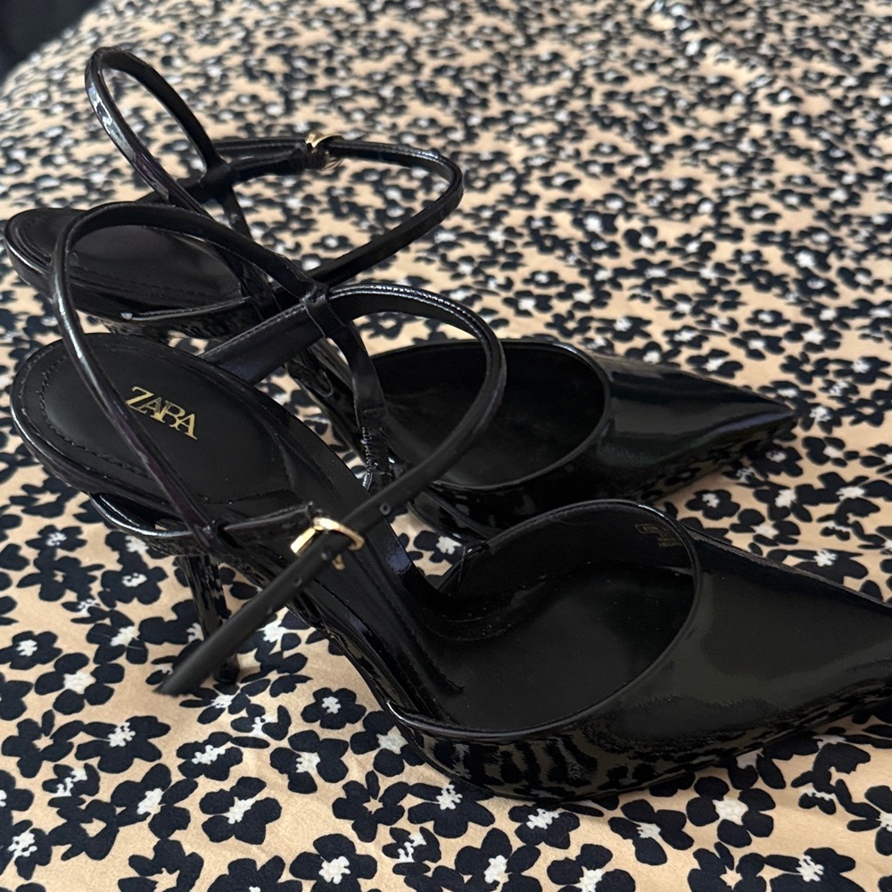 Zara Glossy Black Strappy Heels